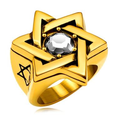 Imagem de Oaldilee Anel Estrela de Davi para homens e mulheres, ouro 18 quilates, aço inoxidável, vintage, zircônia cúbica, proteção de amuleto, tamanho 7-14, Metal, Zircônia cúbica