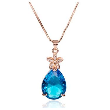 Imagem de FLYYQMIAO Colar de noiva CZ pingente simulação topázio azul em forma de pêra lágrima banhado a ouro rosa 14K colar com pingente de gota vitoriana para mulheres corrente de caixa de 45,7 cm, Banhado a