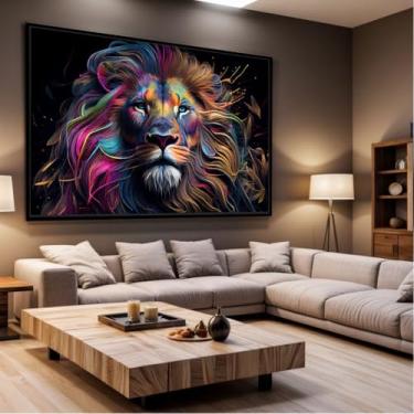 Imagem de Quadro Decorativo com Moldura Sala 40x60 Leão Colorido Arte Luxo Grande Horizontal
