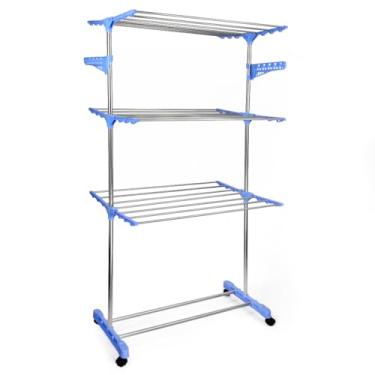 Imagem de Varal Chão 3 Andares Roupa 4 Rodas Dobrável Reforço Azul，Adequado para varanda doméstica, interior, pode secar roupas, lençóis e outros tecidos