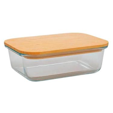 Imagem de Pote Vidro Retangular Marmita 1,5L Tampa Bambu Microondas Freezer Dyna