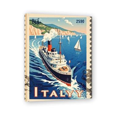 Imagem de Impressão em tela vintage navio a vapor italiano com bordas de carimbo - Carimbo de papel envelhecido 30 x 39 cm