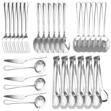 Imagem de TANEMUDO Conjunto de 30 utensílios de aço inoxidável, com colheres grandes, escumadeiras, garfos, concha de sopa, servidor de tortas e pinças para artigos de festa de buffet doméstico (prata)