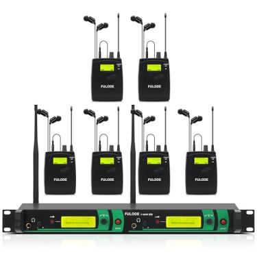 Imagem de FULODE Sistema de monitor intra-auricular F-6000 IEM Dual Channel UHF sem fio 2 x 40 frequências ajustáveis, 6 monitores de bodypack e com sistema de monitor de fone de ouvido, para palco, estúdio e