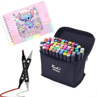 Imagem de Kit Livro De Colorir Stitch Capa Dura Rosa + Canetinhas Coloridas Touch Marca Texto De 24 a 80 Cores e Tamanhos, Ponta Dupla (0,1mm e 6,0mm) – Traços Finos e Áreas Grandes (Livro + 24 Canetas)