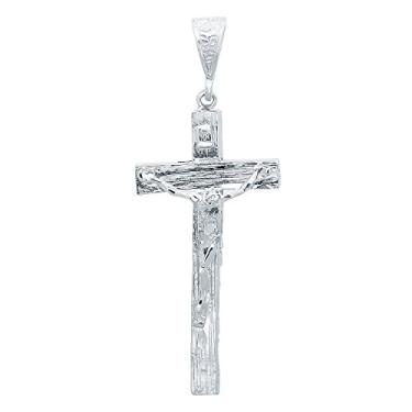Imagem de Pingente de crucifixo texturizado de madeira folheado a ródio The Bling Factory grande 36,5 mm x 7,2 cm + microfibra