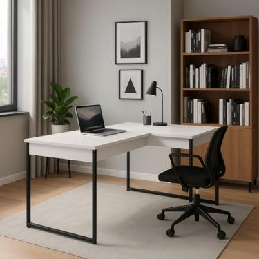 Imagem de Mesa em L Work para Escritório e Home Office - MDP 15mm, Pé Quadro Metálico, 120x80 cm, Cor Branco/Preto