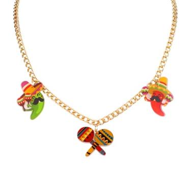 Imagem de INENIMARTJ Colar Cinco De Mayo para mulheres México Fiesta Colar Gargantilha Bonito Pimenta Sombrero Pinatas Cacto Margarita Berloques Cinco De Mayo Joias para Mulheres Acessórios Fiesta, Large, Latão