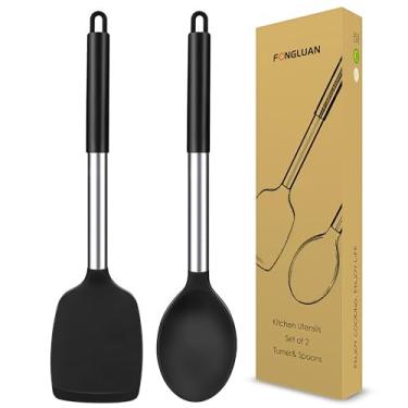 Imagem de FONGLUAN Conjunto de 2 utensílios de cozinha, utensílios de cozinha de silicone, espátula/espátula, colheres – resistentes ao calor, panelas antiaderentes, seguras para lava-louças, preto