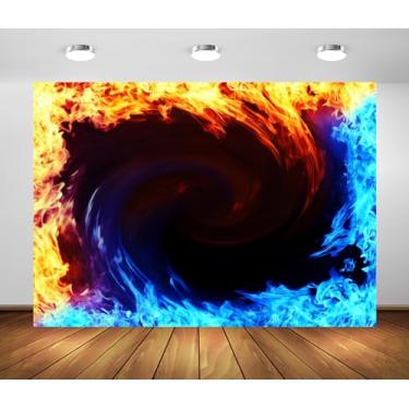 Imagem de BELECO Tecido de 2,1 x 1,5 m, pano de fundo de fogo e gelo, chamas de fogo furiosas, fogo vermelho e azul abstrato em fundo preto tema fogo decorações de festa retrato sessão de fotos adereços de