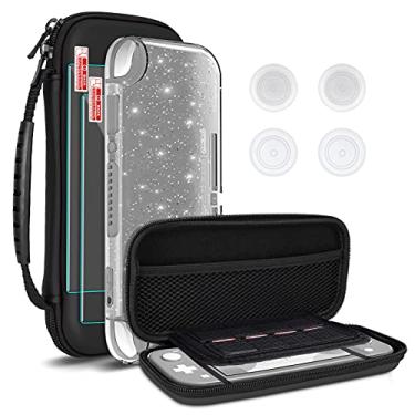 Imagem de DLseego Estojo de transporte para Nintendo Switch Lite, estojo de transporte portátil 4 em 1 kit de acessórios com 1 capa com glitter, 2 películas protetoras de tela e 4 tampas de polegar – preto