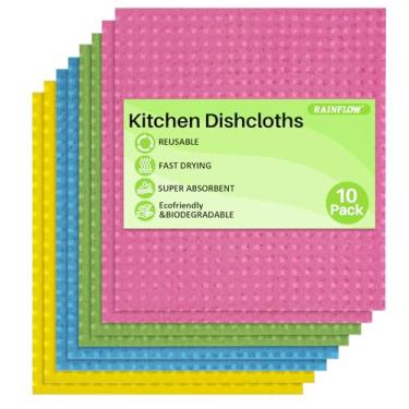 Imagem de RAINFLOW Pacote com 10 panos de esponja de cozinha reutilizáveis e absorventes panos de prato ecológicos, sem odor, toalhas de papel reutilizáveis laváveis, panos de prato para cozinha, para todas as
