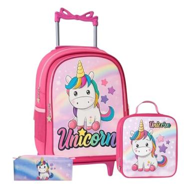 Imagem de Kit Mochila de Rodinha Escolar Infantil Menina e Menino + Lancheira + Estojo Grande Box Necessaire (Unicornio)