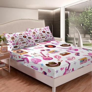 Imagem de jejeloiu Jogo de cama solteiro com estampa de guitarra rosa, gato, caubói ocidental, moderno, feminino, branco, rosa, decoração de quarto, lençol com elástico alto (sem lençol de cima)