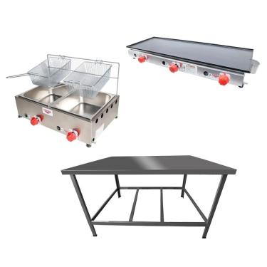 Imagem de Kit Lanchonete Mesa De Manipulação 100x55cm + Fritadeira A Gás 2 Cuba + Chapa A Gás 90cm Alcamar