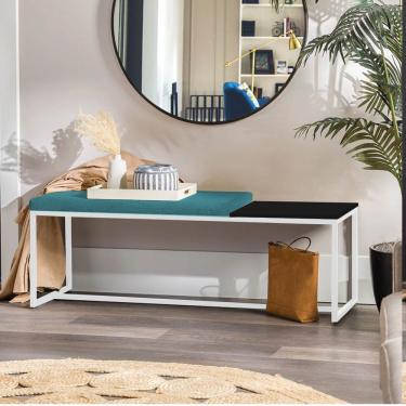 Imagem de Banco Recamier Puff 160cm Industrial Branco Suede Azul Turquesa Tampo Quadrado Mdf Preto