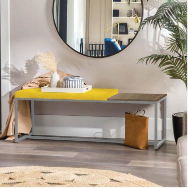 Imagem de Banco Recamier Puff 195cm Industrial Cinza Corino Amarelo Tampo Quadrado Mdf Imbuia