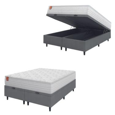 Imagem de Cama Box Baú Colchão Casal Queen Molas Ensacadas Real 158x198x68cm Branco/cinza Inducol Branco
