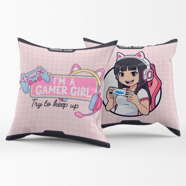 Imagem de Par De Almofadas Estampadas Cheias Girl Gamer Rosa 45cm X 45cm - Enchimento Refil Em Silicone
