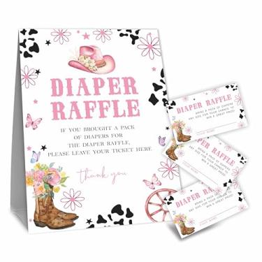 Imagem de Tabyon Kit de jogo sorteio de fraldas para chá de bebê, tema de vaca ocidental, 50 ingressos e 1 placa de pé, decoração para chá de bebê, revelação de gênero, anúncio de bebê, lembrancinha de festa e