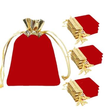 Imagem de zmgmsmh 2,8 x 3,6 polegadas, vermelho, 30 peças, sacos de presente de veludo com cordão com bordas douradas para pequenas bolsas de joias de presente, lembrancinhas de casamento, sacos de dados (7 x 9