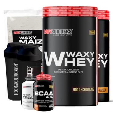 Imagem de Kit 2x Waxy Whey Chocolate e Paçoca 900g + Waxy Maize 800g + Power Creatina 100g + BCAA 4,5 100g + 2x Coqueteleira - Bodybuilders