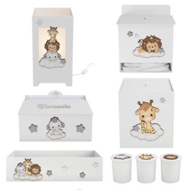 Imagem de Kit Higiene Mdf 8 peças Decoração Bebê Safari Baby Nuvem - Neném na Nu