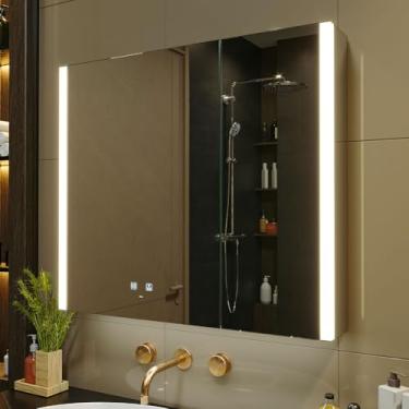 Imagem de KWW Armário de remédios para banheiro iluminado por LED com soquetes e USBs, desembaçador, regulável, espelho de maquiagem com luz de 3 cores, fácil de instalar, armário montado na parede (32 x 28)