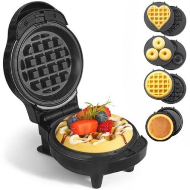 Imagem de UVFAST Mini Máquina De Waffles Com 8 Pratos Removíveis, 4 Em 1, Waffle Pequeno, Panqueca Formato Coração, Donut, Ferro Antiaderente 4,5" Para Crianças E Famílias, Preto