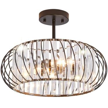 Imagem de Vechoicy Luminária De Teto Semi-Embutida Com 3 Lâmpadas, Preta, 16" (Gaiola Metal), Para Corredor, Estilo Fazenda, Lustre Cristal Industrial Banheiro E Cozinha (Preto, 16")