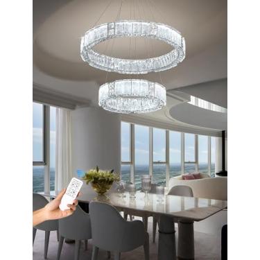 Imagem de WOSOHYUN Lustre Grande De Cristal K9 D20'' + D32'', 2 Anéis, Iluminação Pendente Teto Alto, Redondo, Para Sala Estar, Jantar, Hall Entrada