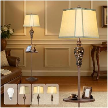 Imagem de LuxSight Collection Luminária De Chão Vintage 65" Altura Com Luz Noturna E Bandeja Vidro, Abajur Pé Estilo Fazenda Em Seda Sintética Bege, Decoração Alta Retrô Rústica Para Sala Estar, Quarto, Cabec