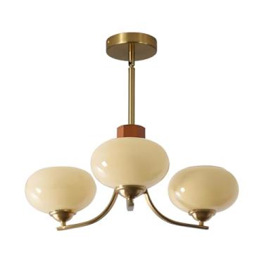 Imagem de BOKT Lustre Nórdico De 3 Luzes Em Formato Bolha, Globo Madeira Creme, Luminária Pendente Teto Vintage Sputnik Com Vidro Liso, Moderna Para Sala Jantar, Interna