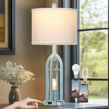 Imagem de Cinyirong Luminária De Mesa Industrial 27", Estilo Fazenda, Abajur Vintage Rústico Azul Com Portas Carregamento Usb A+C E Tomada Ca, Cabeceira Metal Luz Noturna Led Para Quartos (2 Lâmpadas Incluída