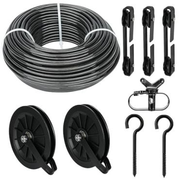 Imagem de Fshihine Kit De Varal Para Área Externa, Polia Galvanizada Com Revestimento Em Pvc Preto 45,7 M 16,5 Cm, Ganchos Metal M8, Separador 3 Peças, Externa Resistente