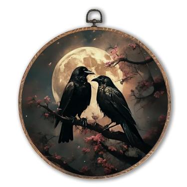 Imagem de Hxlac Dark Academia Raven Couple Round Wall Art Framed, Witchy Floral Moon Round Wall Decor, Dark Cottagecore Gothic Crow Hanging Canvas Prints Esculturas de parede para decoração de quarto de casa