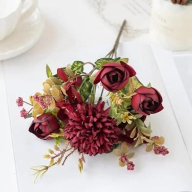 Imagem de Flores artificiais, buquê de rosas, botões de chá, caixa de doces, vaso, decoração de quarto, guirlanda de festival, casamento, seda, hortênsia, flores falsas (1 peça/vermelho)
