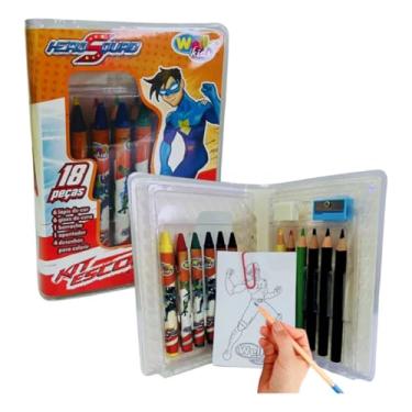 Imagem de Kit Estojo Escolar Hero Squad, 18 Peças, Com Lápis de Cor, Giz de Cera, Desenhos para Colorir, Borracha e Apontador