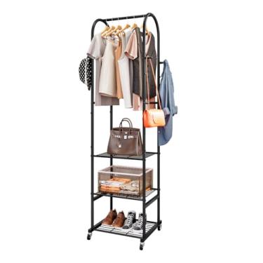 Imagem de SUOERNUO Suporte para roupas com rodas e prateleiras de metal de 3 camadas, suporte para pendurar roupas com 4 ganchos, organizador de guarda-roupa para espaços pequenos, preto (preto, 40 x 46 x 18 cm