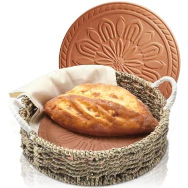 Imagem de Teenyyou Cesta para aquecedor de pão com aquecedor de tortilha de pedra de 19 cm, cestas de pão para servir terracota mexicana, prato de aquecimento redondo, tapete de aquecimento rústico circular