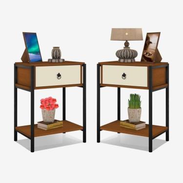 Imagem de Conjunto Mesas De Cabeceira Industrial Magali Preto Canela Off White