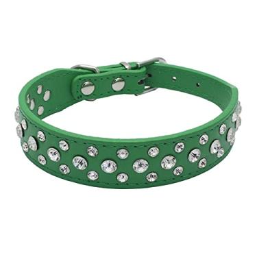 Imagem de Pimaodog Coleira de cachorro com strass, strass brilhante couro PU cristal diamante cão gato filhote coleira preta P M G GG (GG: 40-46 cm, verde)