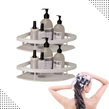 Imagem de Kit 2 Prateleiras de Canto Multiuso Adesiva Porta Shampoo em Chapa Reforçada Organizador de Parede (Branco)