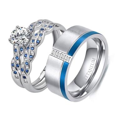Imagem de LOVERSRING Conjunto de alianças de casamento de aço inoxidável CZ banhado a ouro branco para ele e para ela, women's size 8 & men's size 13, Papel, Zircão azul