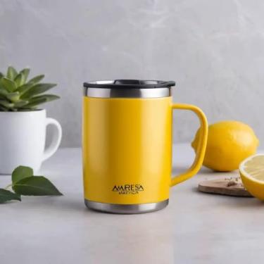 Imagem de Caneca Térmica Parede Dupla em Aço Inox Amarela 350ml com Tampa Hermética - Estilo Liso