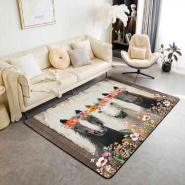 Imagem de Feelyou Tapete de área de cavalo para meninas, 12 x 18 cm, 3D, cavalos, floral, sala de estar, para crianças, meninos, adolescentes, fazenda, animais selvagens, decoração de animais selvagens, tapete