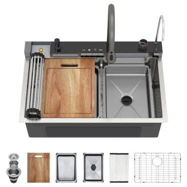 Imagem de Talllor Pia de cozinha luxuosa em cascata de 76 cm, multifuncional, de aço inoxidável, calibre 16, pias de cozinha inteligentes com torneira pull-down, lavadora de copos e chave mecânica #TLWF-0025