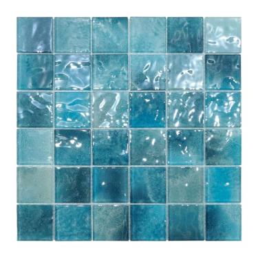 Imagem de Azulejos de mosaico de vidro para piscina, 30,5 x 30,5 cm, azul aqua, textura ondulada, azulejos quadrados, para decoração de piscina, parede de banheiro e chuveiro (5 folhas, 4,84 m²)