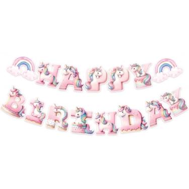 Imagem de Faixa pré-amarrada de unicórnio feliz aniversário para meninas rosa pastel unicórnio decoração de festa de aniversário para ela
