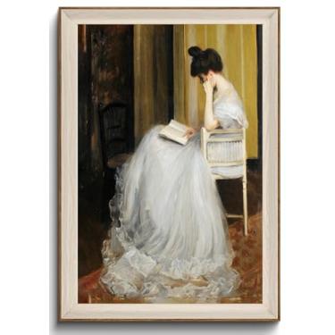 Imagem de KISSFOX Arte de parede emoldurada vintage Lady Reading Portrait Canvas Wall Art Meados do Século Estética Clássica Elegante Mulher Impressões de Arte para Sala de Estar Quarto Banheiro Cozinha 61 x 91